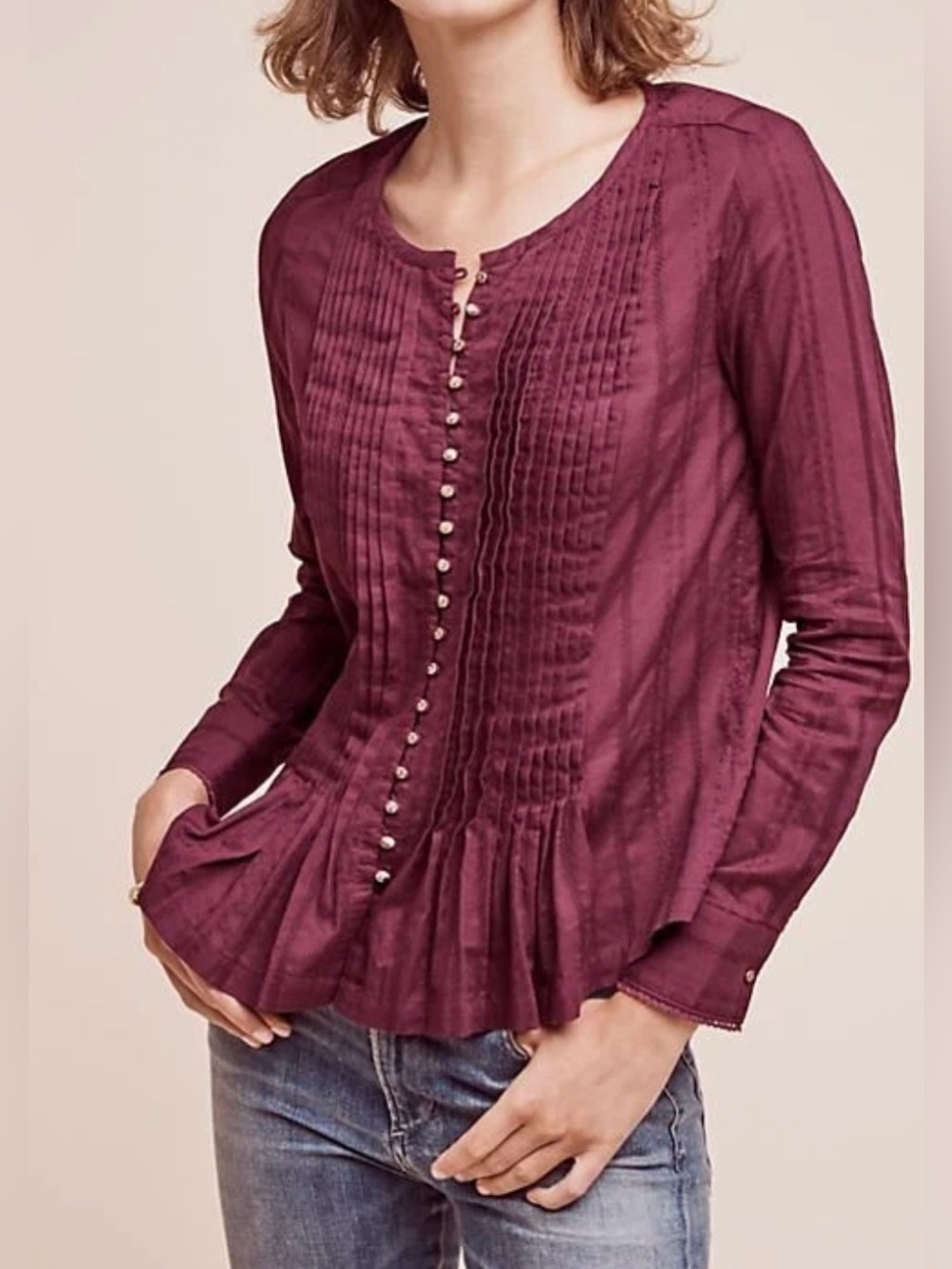 Maeve Eggplant Cotton Pintuck Button-Front Peplum Blouse - Size M